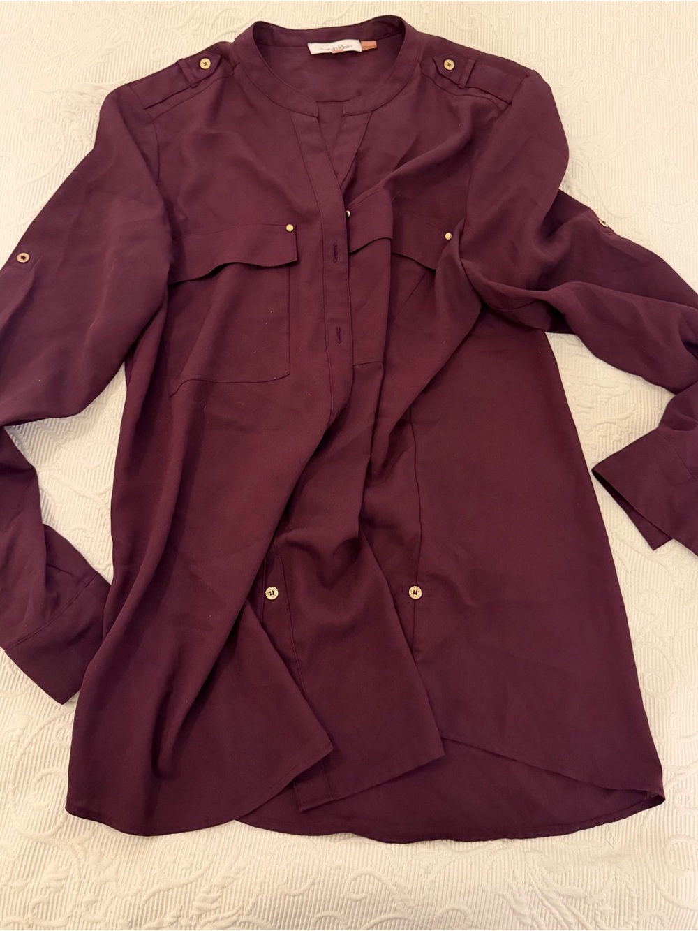 Calvin Klein Burgundy Roll Tab Sleeve Blouse Medium | Corporate Chic